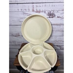 Vintage Tupperware Divided Serving Tray Relish Snack Tray W/Lid Almond 6 USA